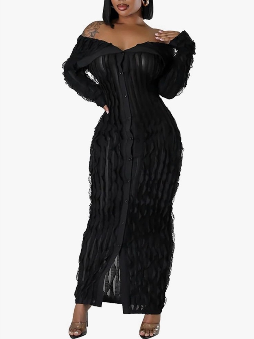 Off-Shoulder Black Textured Maxi Dress